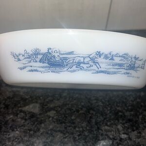 Currier & Ives divided milk glass casserole dish by Glassbake. Made in USA.